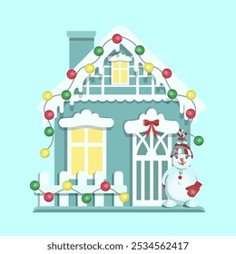 A Christmas house decorated with a garland on a blue background.Vector composition for New Year and holiday designs.