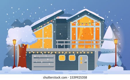 Christmas house decorated garlanded by snowfall,with luminous street lights. Winter rural landscape with fir trees in the snow. Holiday illustration vector.