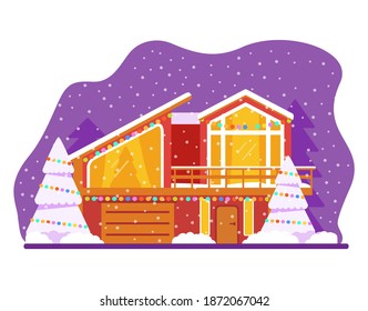 Christmas house decorated with garlands.Modern Scandinavian country house.Flat vector illustration.Wooden country house.Christmas trees in the snow in winter.