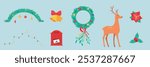 Christmas house door decor set. Traditional Xmas outdoors winter home decoration with wreath, garland, deer. Flat vector illustration isolated on blue background.