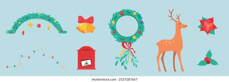 Christmas house door decor set. Traditional Xmas outdoors winter home decoration with wreath, garland, deer. Flat vector illustration isolated on blue background.