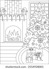 Christmas House Drawing Coloring Book Page Art Line  illustration