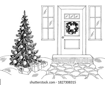 Christmas House Exterior Winter Graphic Black White Landscape Sketch Illustration Vector