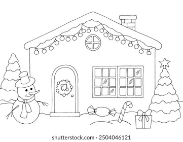 Christmas house exterior winter graphic black white landscape sketch illustration vector 