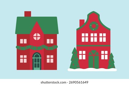 Conjunto de Ilustración vectorial plana de casa de Navidades.
Casas de vacaciones rojas y verdes Clipart.
Diseño para tarjeta de felicitación, cartel, Anuncio de invitación, folleto.