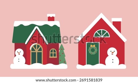 Christmas house flat vector illustration set.
Winter house with snowman decoration at the door.
Red and green holiday houses clipart.