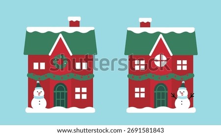 Christmas house flat vector illustration set.
Winter house with snowman decoration at the door.
Red and green holiday houses clipart.