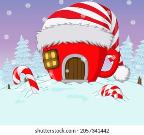 Christmas house in the form of cup with santa hat and candies