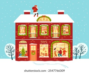 Christmas House with Happy People Celebrating Holidays. Vector Illustration in Trendy Vector Style for Print, Cards, Posters, Covers, Puzzles, Seasonal Decor