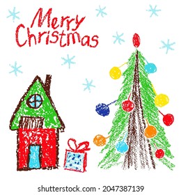 Christmas house hut   tree  Like child hand drawing holiday card  Crayon  pastel chalk pencil sketch doodle gift box   snow  Vector background simple cartoon style