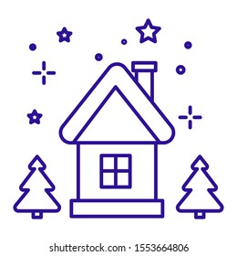 Christmas house icon with fir trees. Cozy cottage with window, chimney on the roof. Winter night, stars above. Gingerbread home. Blue linear flat graphic vector illustration on white background.