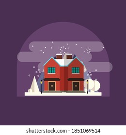 Christmas House Icon Vector with tree and snow Background