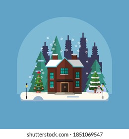 Christmas House Icon Vector with tree and snow Background