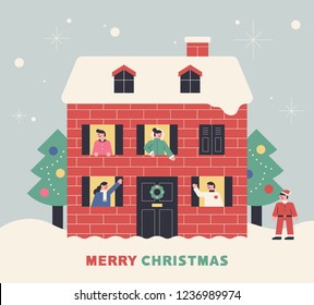 Christmas house illustration greeting card template. flat design style vector graphic illustration.
