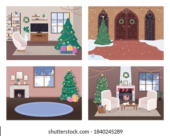 Christmas house inside flat color vector illustration set. Calm hygge life. Celebration time. Xmas tree. Traditionaly decorated cartoon interior with snowy forest hills on background collection