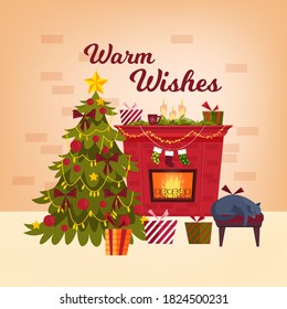 postal interior de la casa de Navidad con chimenea de ladrillo, árbol de abetos de x-mas decorados, gato dormido, regalos. Salón de vacaciones de invierno con chimenea roja, medias, regalos. Ilustración interior cubierta de Navidad