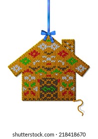 Christmas house of knitted fabric with ornament. Knitted home hanging on ribbon. Vector design element for new year's day, christmas, winter holiday, new year's eve, decoration, silvester, etc