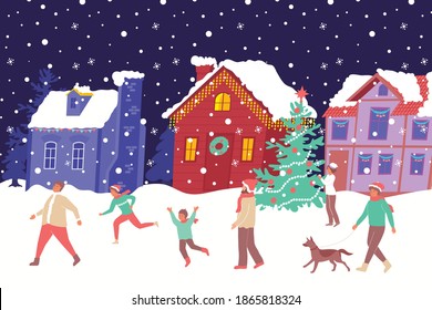 Christmas house lights flat composition with outdoor landscape with falling snow and row of colorful houses vector illustration