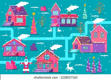 Christmas house with lights garlands, tree, reindeer and Santa Claus. Holiday town scene. Winter landscape vector flat illustration.