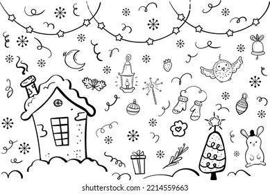 Christmas House and Magic Elements Coloring Doodle Illustration