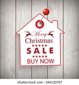 Christmas house price sticker on the wooden background. Eps 10 vector file.