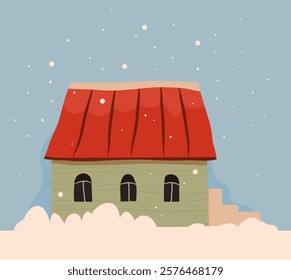 Christmas house with red roof, vector illustration, Winter house, vector drawing, on the background of the sky and snow