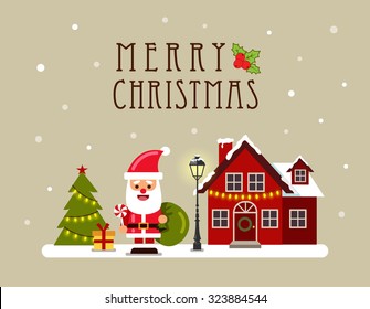 Christmas house and Santa. Greeting card, banner and poster. Vector illustration.