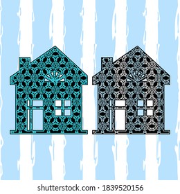 Christmas house silhouette. Stylized facades of old buildings for laser cutting. Wood carving vector template. Gingerbread House Silhouettes Cutting Files. Vector elements for winter holidays design.