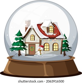 Christmas house in snow globe on white background illustration