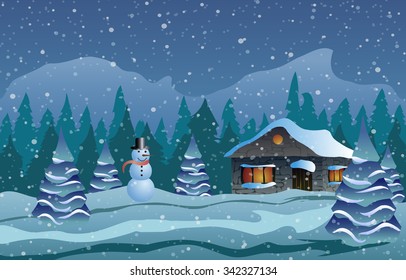 Christmas. The house in snow, trees and snowman.