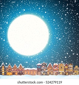 Christmas house in snowfall at the night. Happy holiday greeting card with town skyline, snow and big moon. Midtown houses panorama xmas poster. Vector winer illustration eps10
