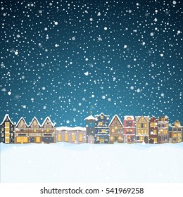 Christmas house in snowfall at the night. Happy holiday greeting card with town skyline, snow and big moon. Midtown houses panorama xmas poster. Vector winer illustration eps10