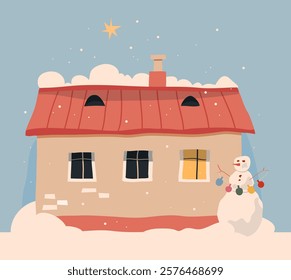 Christmas house with snowman on the background of sky and snow, Vector Drawing