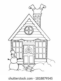 Christmas house, snowman and Santa Claus climbing up the chimney.holiday card coloring.handmade vector