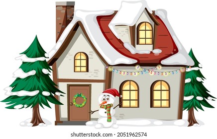 Christmas house with snowman and trees illustration