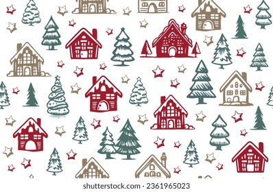 Christmas house and tree drawn illustrations, vector.