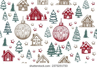 Christmas house and tree drawn illustrations, vector.