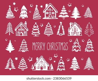 Christmas house and tree drawn illustrations	
