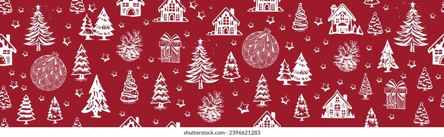 Christmas house and tree drawn illustrations	
