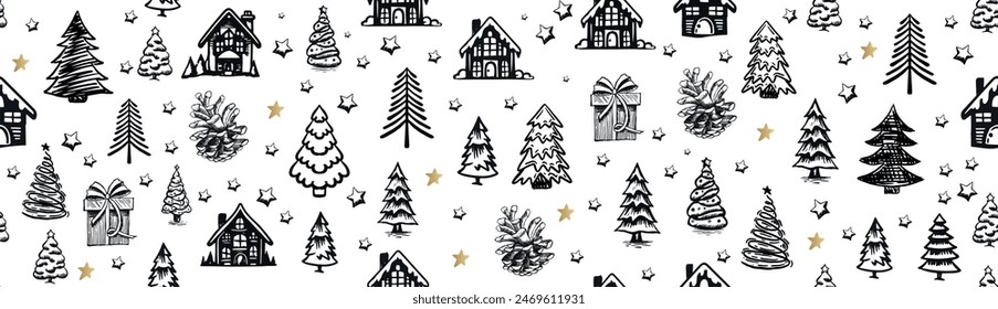 Christmas house and tree drawn illustrations	