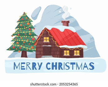 Christmas house and tree. hand drawn cute illustration. 