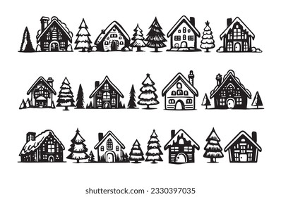 Christmas house and  tree has drawn illustrations, vector.