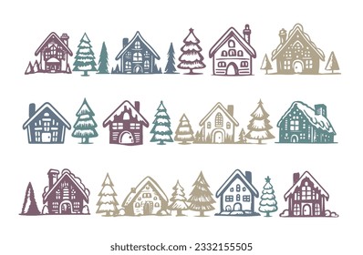 Christmas house and tree has drawn illustrations, vector.