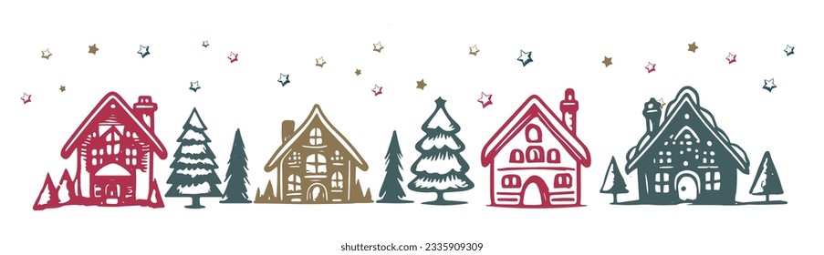 Christmas house and tree has drawn illustrations, vector.