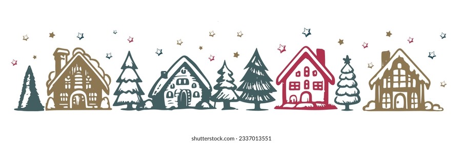 La casa y el árbol de Navidad han dibujado ilustraciones, vector.