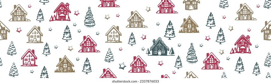 Christmas house and tree has drawn illustrations, vector.