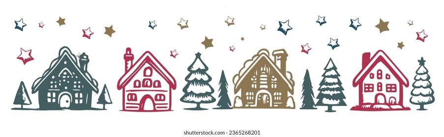 Christmas house and tree has drawn illustrations, vector.	