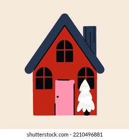 Christmas house with a Christmas tree isolated on a light background. Cartoon vector illustration. Happy new year banner. Vintage style.