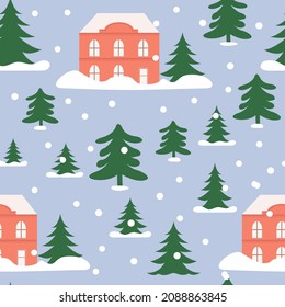Christmas house and tree seamless patterns. Vector illustration isolated on blue. Template for card, textile, fabric, paper design, wallpaper