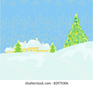Christmas house and tree in snow-drift mountain landscape